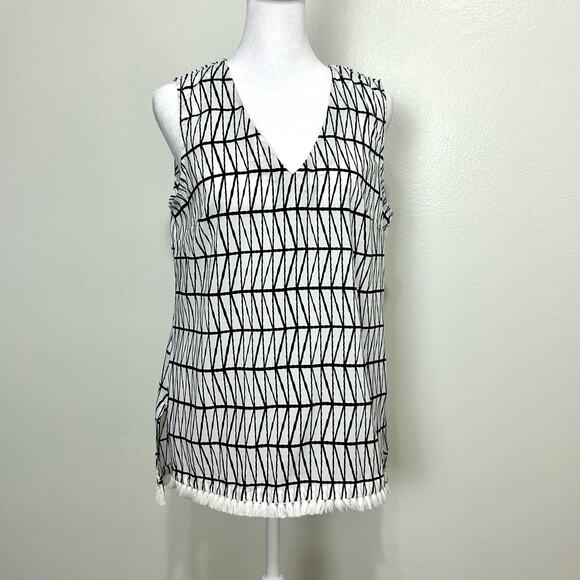 Banana Republic Geometric Sleeveless Top XS Womens Fringe Blue White Blouse Boho - Picture 1 of 7